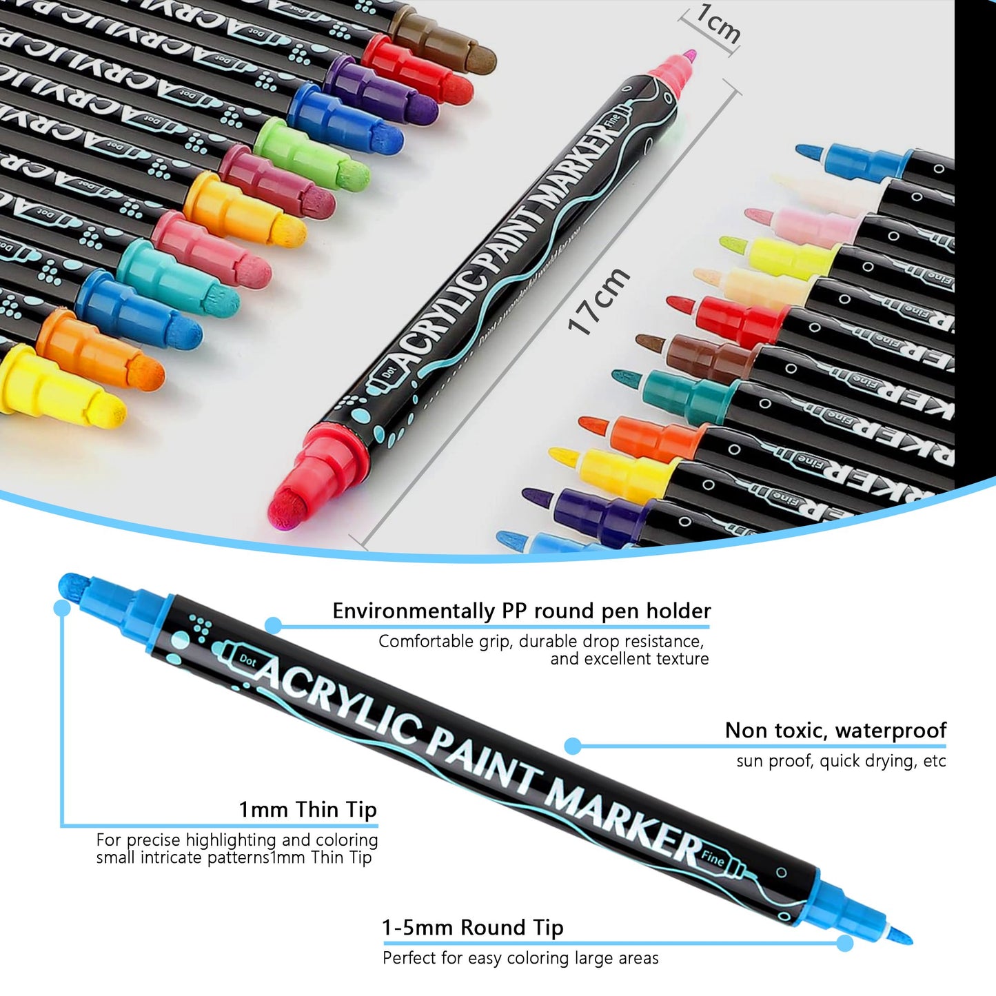 Acrylic Paint Markers, 24 Colors Dual Tip Acrylic Paint Pens for Wood, Canvas, Stone, Rock Painting, Glass, Ceramic Surfaces, DIY Crafts Making, 24 Dual Tip Acrylic Markers