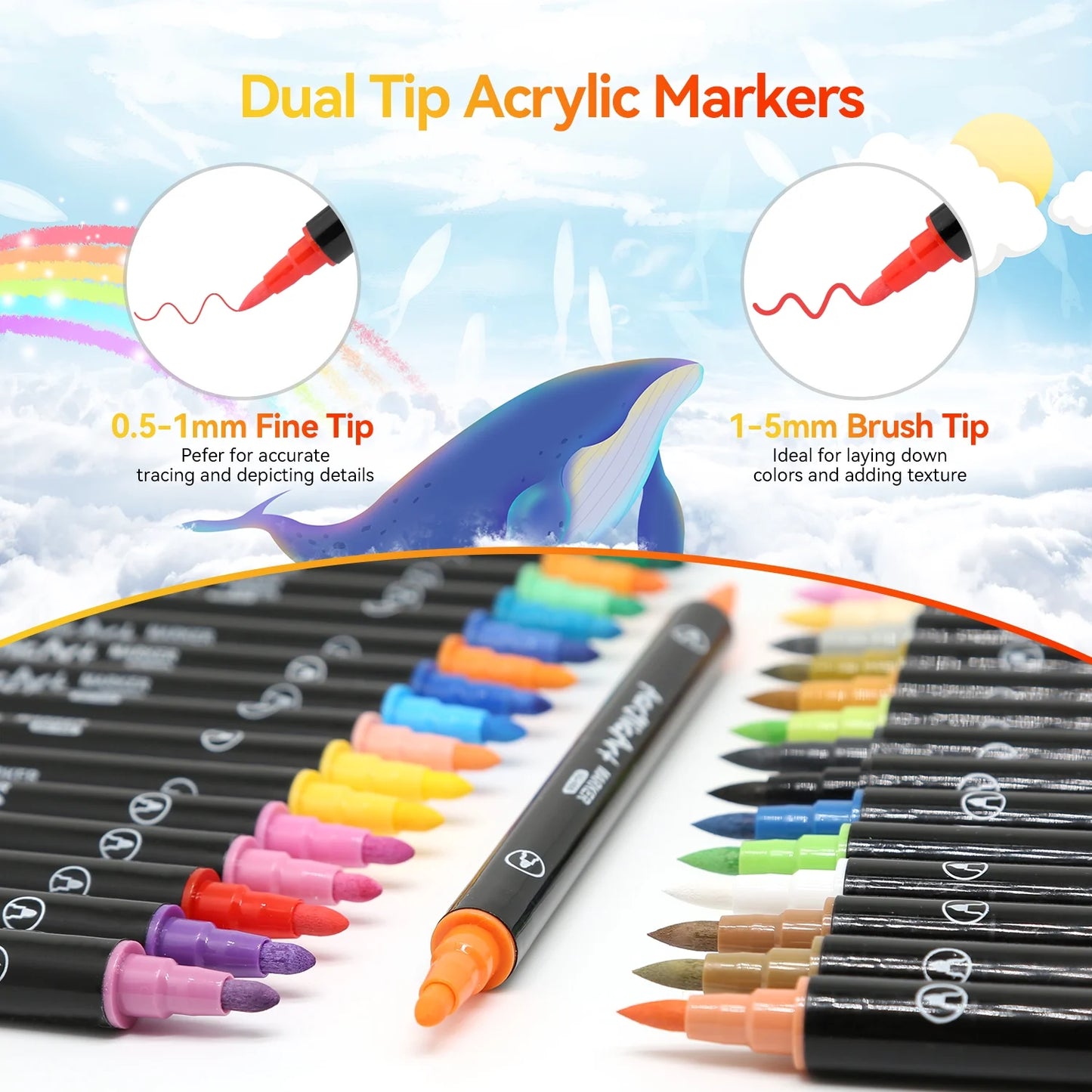 24 Colors Dual Tip Acrylic Paint Markers, Brush Tip and Fine Tip Acrylic Paint Pens for Rock Painting, Ceramic, Wood, Canvas, Plastic, Glass, Stone, Calligraphy, Card Making, DIY Crafts
