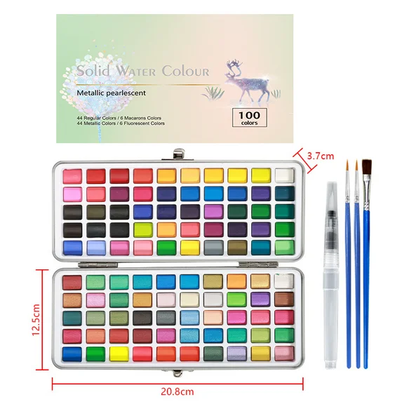 Watercolor Paint Set 100 Colors,50 Regular,35 Metallic,10 Macaron and 5 Fluorescent Colors,Portable with Carrying Case,Water Brush Pens,Travel Watercolor Set for Artsits,Amateur,Painting Lovers
