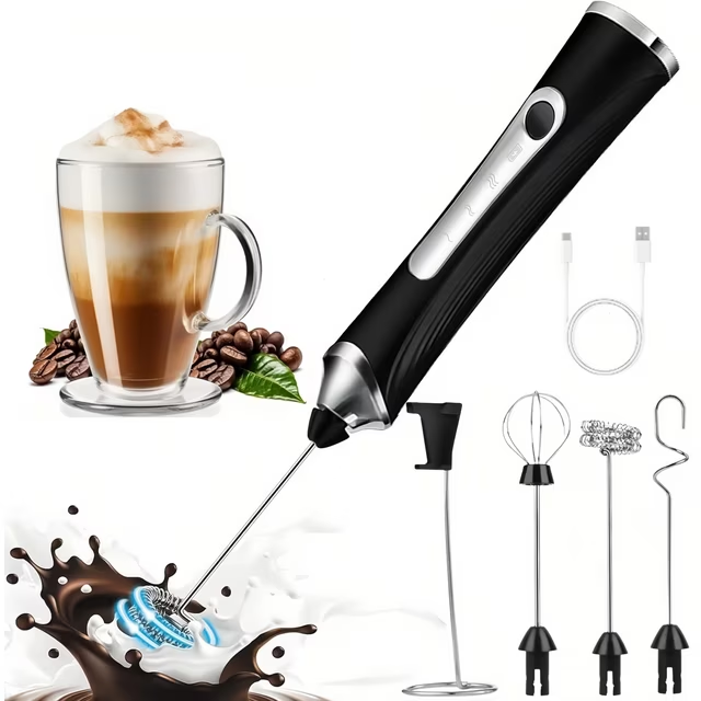 Handheld Milk Frother Wand for Coffee with Stand, Rechargeable Electric Whisk with 3 Heads 3 Speeds Drink Mixer Coffee Frother For Coffee, Latte, Cappuccino, Hot Chocolate,Egg,Black