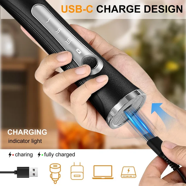Handheld Milk Frother Wand for Coffee with Stand, Rechargeable Electric Whisk with 3 Heads 3 Speeds Drink Mixer Coffee Frother For Coffee, Latte, Cappuccino, Hot Chocolate,Egg,Black