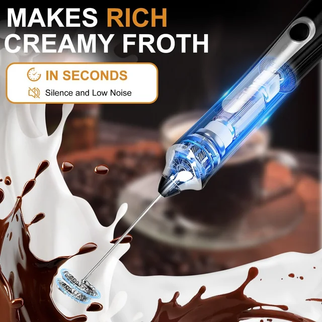 Handheld Milk Frother Wand for Coffee with Stand, Rechargeable Electric Whisk with 3 Heads 3 Speeds Drink Mixer Coffee Frother For Coffee, Latte, Cappuccino, Hot Chocolate,Egg,Black