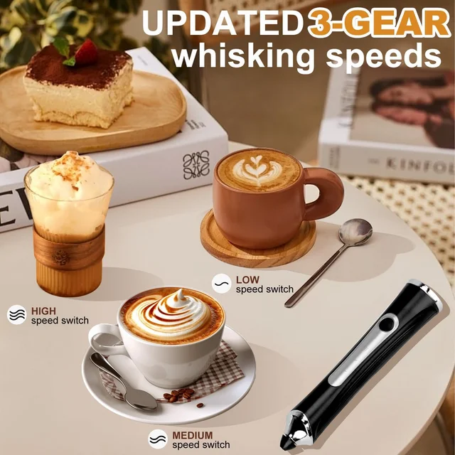 Handheld Milk Frother Wand for Coffee with Stand, Rechargeable Electric Whisk with 3 Heads 3 Speeds Drink Mixer Coffee Frother For Coffee, Latte, Cappuccino, Hot Chocolate,Egg,Black