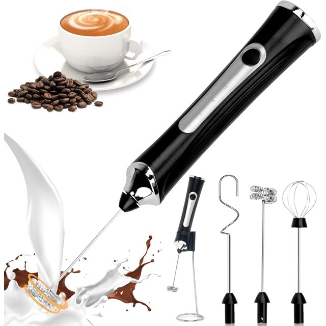 Handheld Milk Frother Wand for Coffee with Stand, Rechargeable Electric Whisk with 3 Heads 3 Speeds Drink Mixer Coffee Frother For Coffee, Latte, Cappuccino, Hot Chocolate,Egg,Black