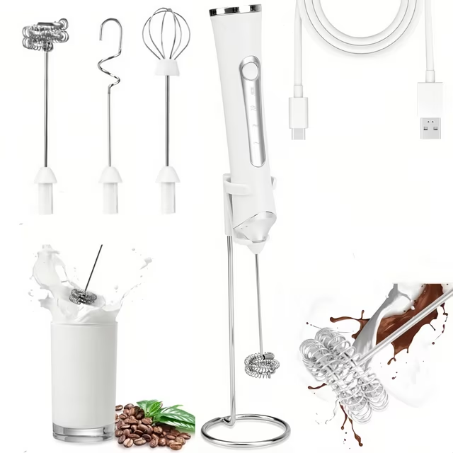 Handheld Milk Frother Wand for Coffee with Stand, Rechargeable Electric Whisk with 3 Heads 3 Speeds Drink Mixer Coffee Frother For Coffee, Latte, Cappuccino, Hot Chocolate,Egg,White