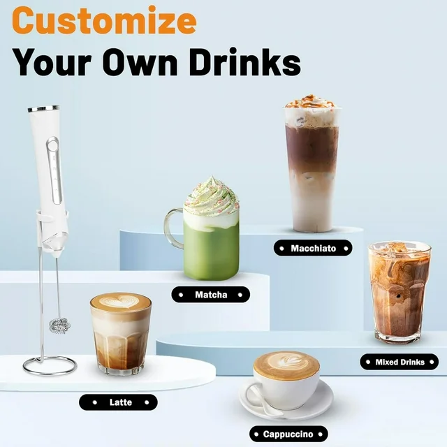 Handheld Milk Frother Wand for Coffee with Stand, Rechargeable Electric Whisk with 3 Heads 3 Speeds Drink Mixer Coffee Frother For Coffee, Latte, Cappuccino, Hot Chocolate,Egg,White