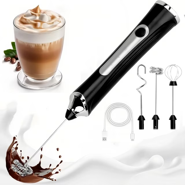 Milk Frother Handheld Rechargeable, Coffee Frother Wand Drink Mixer Electric Whisk for Coffee, Detachable With 3 Stainless Whisks, Hand Mixer for Lattes, Cappuccino, Matcha, Egg, No Stand,Black