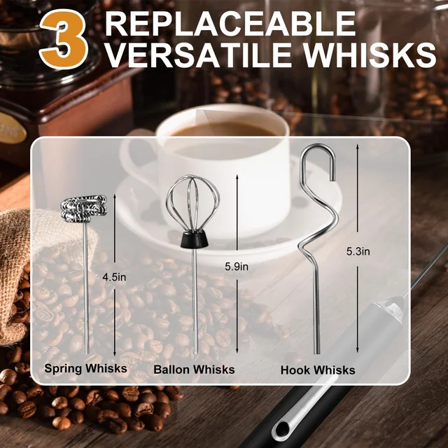 Milk Frother Handheld Rechargeable, Coffee Frother Wand Drink Mixer Electric Whisk for Coffee, Detachable With 3 Stainless Whisks, Hand Mixer for Lattes, Cappuccino, Matcha, Egg, No Stand,Black