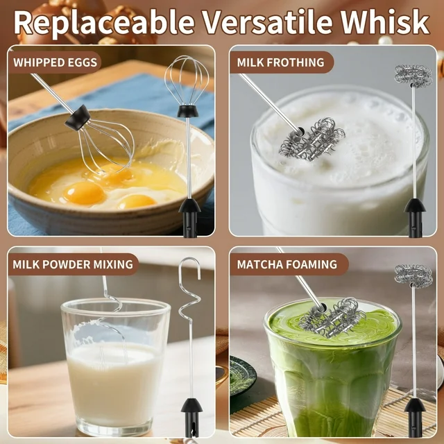 Milk Frother Handheld Rechargeable, Coffee Frother Wand Drink Mixer Electric Whisk for Coffee, Detachable With 3 Stainless Whisks, Hand Mixer for Lattes, Cappuccino, Matcha, Egg, No Stand,Black