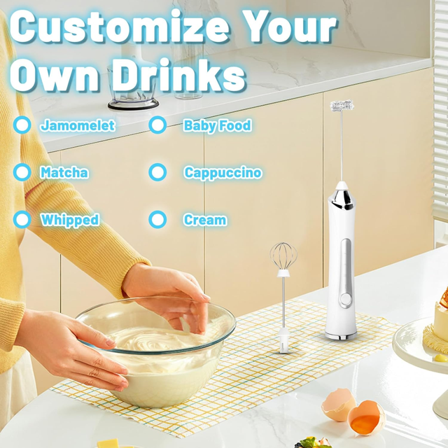 Milk Frother Handheld Rechargeable, Coffee Frother Wand Drink Mixer Electric Whisk for Coffee, Detachable With 3 Stainless Whisks, Hand Mixer for Lattes, Cappuccino, Matcha, Egg, No Stand,Black