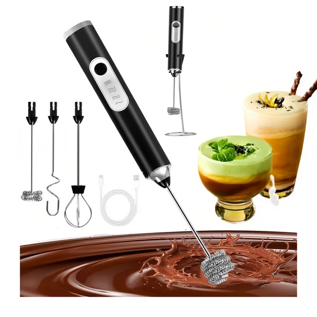 Milk Frother Handheld Rechargeable with Stand, Frother Wand Drink Mixer Electric Whisk for Coffee, Detachable With 3 Stainless Whisks, Hand Mixer for Lattes, Cappuccino, Matcha, Egg, Black