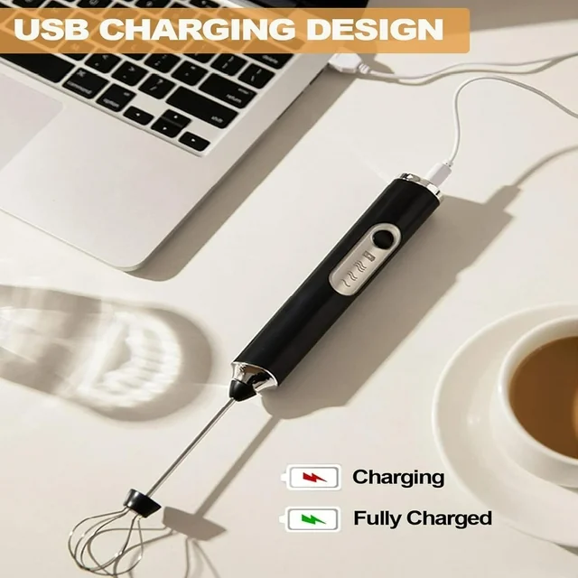 Milk Frother Handheld Rechargeable with Stand, Frother Wand Drink Mixer Electric Whisk for Coffee, Detachable With 3 Stainless Whisks, Hand Mixer for Lattes, Cappuccino, Matcha, Egg, Black