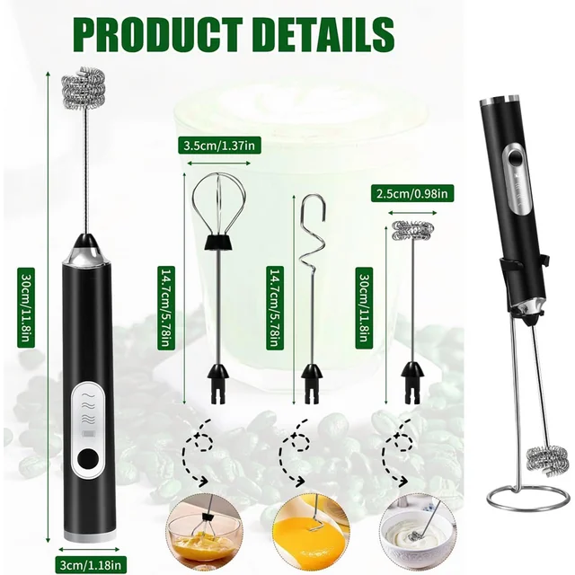 Milk Frother Handheld Rechargeable with Stand, Frother Wand Drink Mixer Electric Whisk for Coffee, Detachable With 3 Stainless Whisks, Hand Mixer for Lattes, Cappuccino, Matcha, Egg, Black