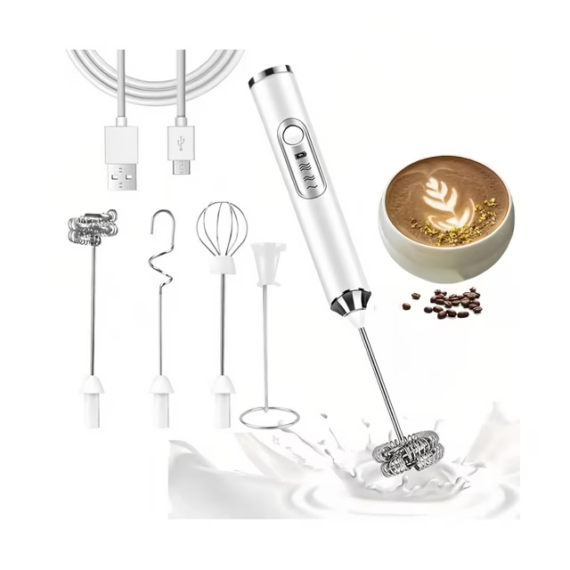 Milk Frother Handheld Rechargeable with Stand, Frother Wand Drink Mixer Electric Whisk for Coffee, Detachable With 3 Stainless Whisks, Hand Mixer for Lattes, Cappuccino, Matcha, Egg, White