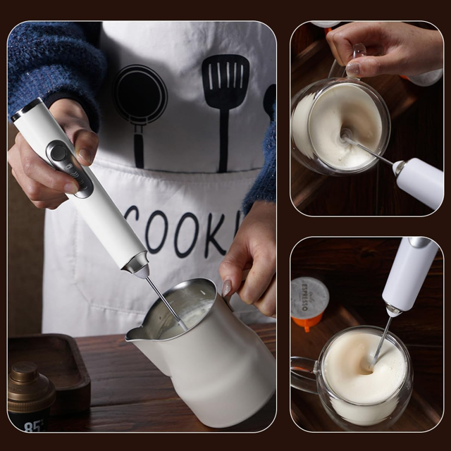 Milk Frother Handheld Rechargeable with Stand, Frother Wand Drink Mixer Electric Whisk for Coffee, Detachable With 3 Stainless Whisks, Hand Mixer for Lattes, Cappuccino, Matcha, Egg, White