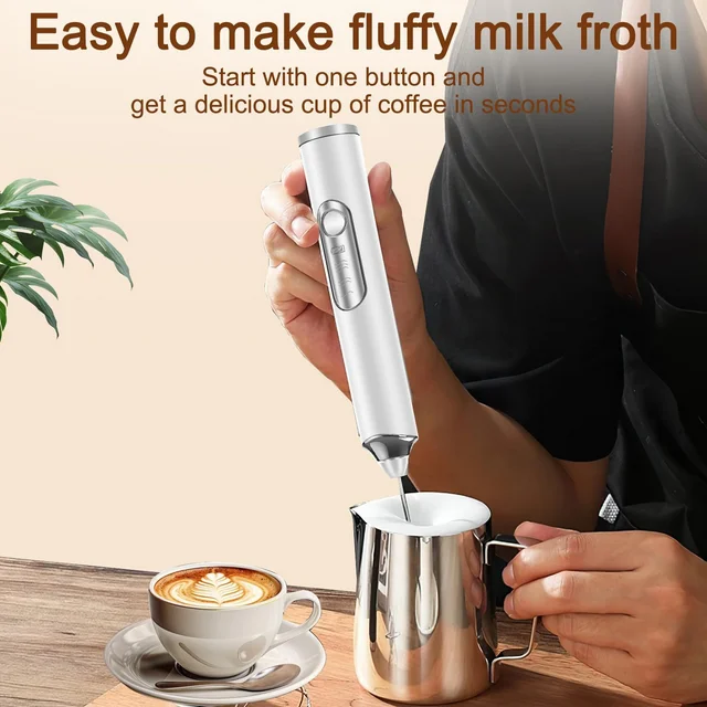 Milk Frother Handheld Rechargeable with Stand, Frother Wand Drink Mixer Electric Whisk for Coffee, Detachable With 3 Stainless Whisks, Hand Mixer for Lattes, Cappuccino, Matcha, Egg, White