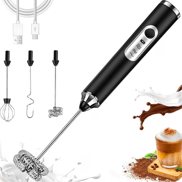 Milk Frother Handheld Rechargeable, Frother Wand Drink Mixer Electric Whisk rotherfor Coffee, Detachable With 3 Stainless Whisks, Hand Mixer for Lattes, Cappuccino, Matcha, Egg, No Stand,Black