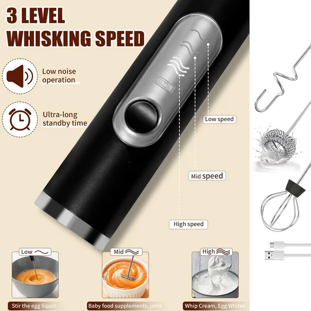 Milk Frother Handheld Rechargeable, Frother Wand Drink Mixer Electric Whisk rotherfor Coffee, Detachable With 3 Stainless Whisks, Hand Mixer for Lattes, Cappuccino, Matcha, Egg, No Stand,Black