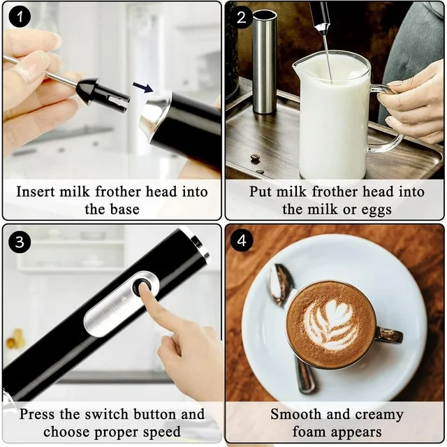 Milk Frother Handheld Rechargeable, Frother Wand Drink Mixer Electric Whisk rotherfor Coffee, Detachable With 3 Stainless Whisks, Hand Mixer for Lattes, Cappuccino, Matcha, Egg, No Stand,Black