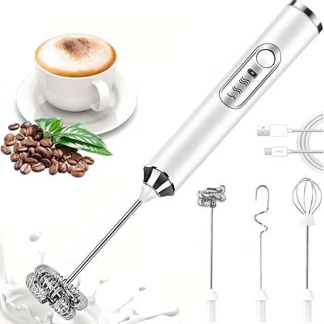 Milk Frother Handheld Rechargeable, Frother Wand Drink Mixer Electric Whisk rotherfor Coffee, Detachable With 3 Stainless Whisks, Hand Mixer for Lattes, Cappuccino, Matcha, Egg, No Stand,White