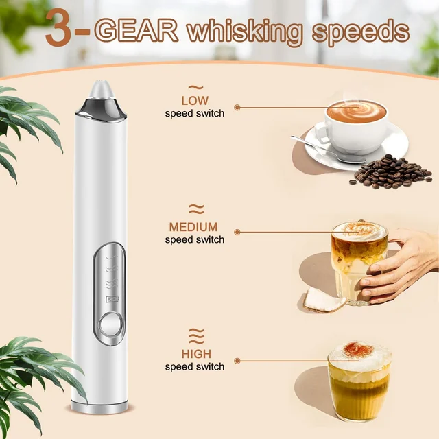 Milk Frother Handheld Rechargeable, Frother Wand Drink Mixer Electric Whisk rotherfor Coffee, Detachable With 3 Stainless Whisks, Hand Mixer for Lattes, Cappuccino, Matcha, Egg, No Stand,White