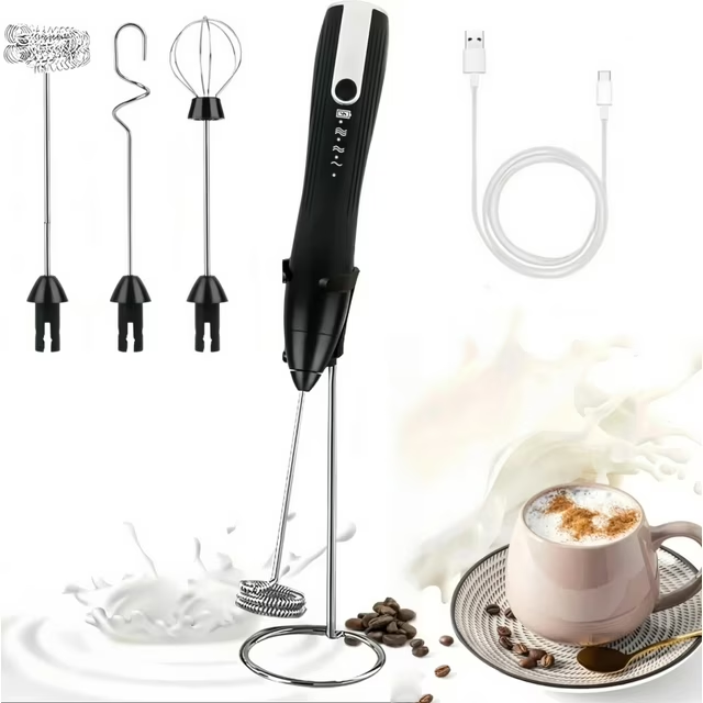 Milk Frother Handheld for Coffee with Stand, Electric Whisk 3 Speed Adjustable, Drink Mixer with Stainless 3 Whisks, Rechargeable Hand Frother Wand, Foam Maker for Latte Cappuccino,Black