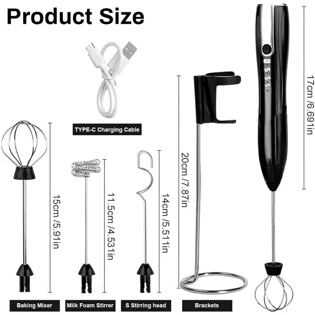 Milk Frother Handheld for Coffee with Stand, Electric Whisk 3 Speed Adjustable, Drink Mixer with Stainless 3 Whisks, Rechargeable Hand Frother Wand, Foam Maker for Latte Cappuccino,Black