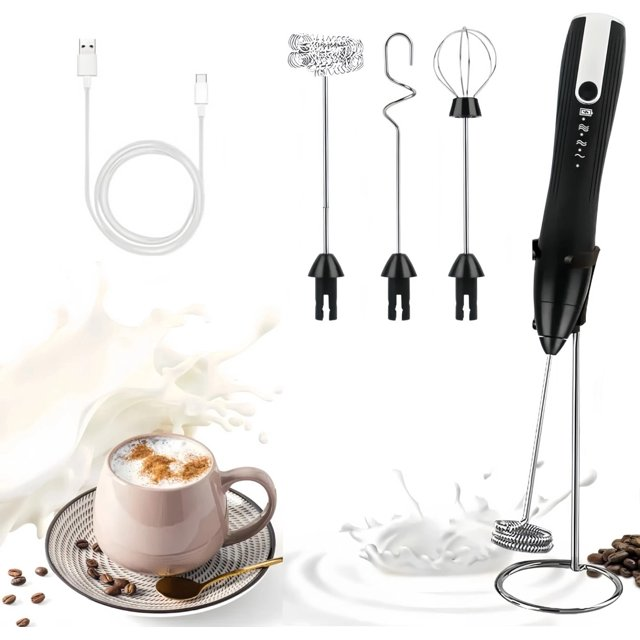 Milk Frother Handheld for Coffee with Stand, Electric Whisk 3 Speed Adjustable, Drink Mixer with Stainless 3 Whisks, Rechargeable Hand Frother Wand, Foam Maker for Latte Cappuccino,Black