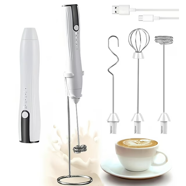 Milk Frother Handheld for Coffee with Stand, Electric Whisk 3 Speed Adjustable, Drink Mixer with Stainless 3 Whisks, Rechargeable Hand Frother Wand, Foam Maker for Latte Cappuccino,White