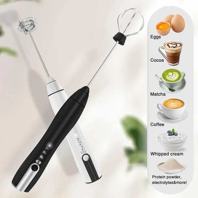 Milk Frother Handheld for Coffee with Stand, Electric Whisk 3 Speed Adjustable, Drink Mixer with Stainless 3 Whisks, Rechargeable Hand Frother Wand, Foam Maker for Latte Cappuccino,White