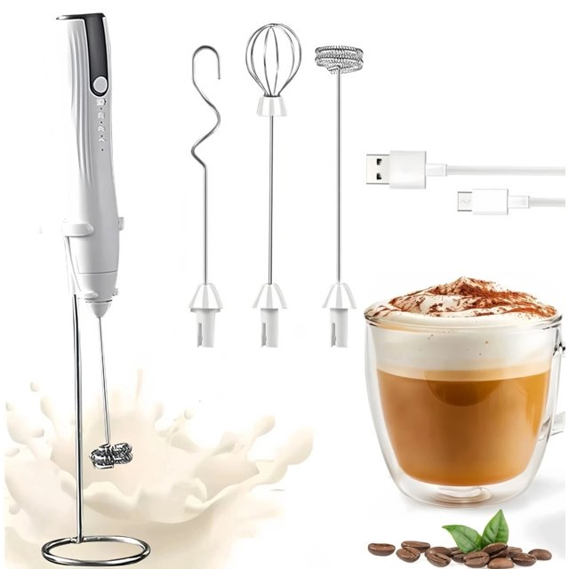 Milk Frother Handheld for Coffee with Stand, Electric Whisk 3 Speed Adjustable, Drink Mixer with Stainless 3 Whisks, Rechargeable Hand Frother Wand, Foam Maker for Latte Cappuccino,White