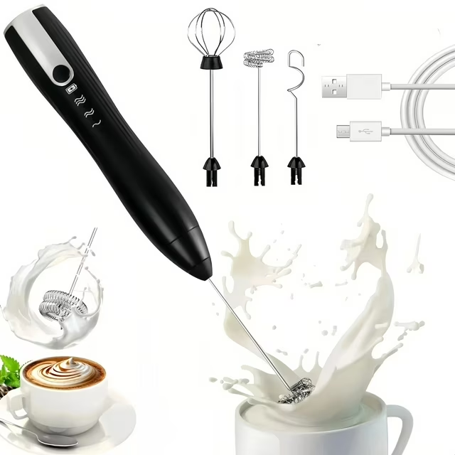 Milk Frother Handheld for Coffee, Electric Whisk 3 Speed Adjustable, Drink Mixer with Stainless 3 Whisks, Rechargeable Hand Frother Wand, Foam Maker for Latte Cappuccino,Black