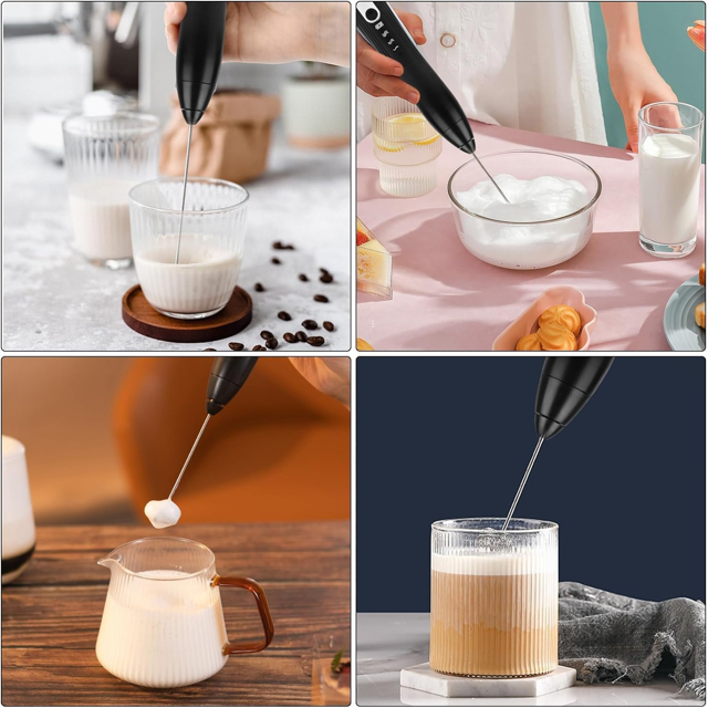 Milk Frother Handheld for Coffee, Electric Whisk 3 Speed Adjustable, Drink Mixer with Stainless 3 Whisks, Rechargeable Hand Frother Wand, Foam Maker for Latte Cappuccino,Black