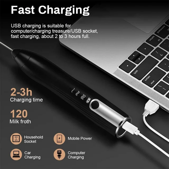 Milk Frother Handheld for Coffee, Electric Whisk 3 Speed Adjustable, Drink Mixer with Stainless 3 Whisks, Rechargeable Hand Frother Wand, Foam Maker for Latte Cappuccino,Black