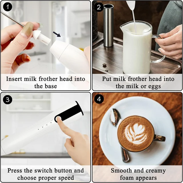 Milk Frother Handheld for Coffee, Electric Whisk 3 Speed Adjustable, Drink Mixer with Stainless 3 Whisks, Rechargeable Hand Frother Wand, Foam Maker for Latte Cappuccino,White