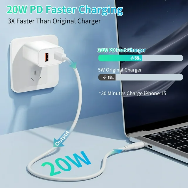 Charger for iPhone 16 15 Charger,20W PD+QC3.0 USB C Dual Port USB C Charger Block with 10FT USB C Charger Cable Compatible with iPhone 16/16 Pro Max/15 Series/iPad Pro,iPad Air 5/4,Mini