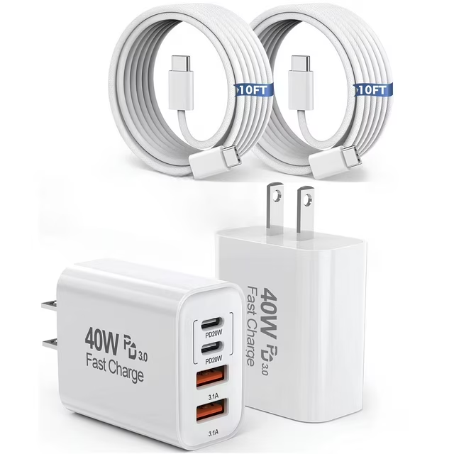 Compatible with iPhone 16 15 Charger,2Pack 10FT USB C to C Woven Cable Cord 40W USB C iPhone Charger 4 Port PD&AC Charger Block Fast Charging for iPhone 16/16 Pro/16 Pro Max/16 Plus/15/iPad