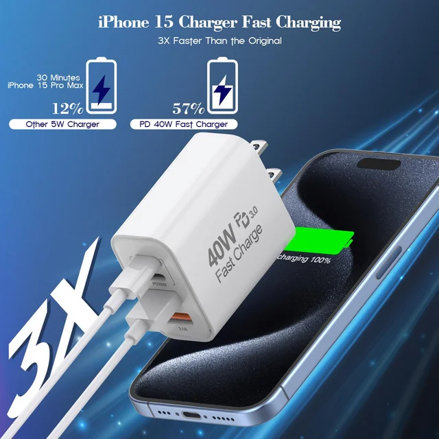 Compatible with iPhone 16 15 Charger,2Pack 10FT USB C to C Woven Cable Cord 40W USB C iPhone Charger 4 Port PD&AC Charger Block Fast Charging for iPhone 16/16 Pro/16 Pro Max/16 Plus/15/iPad