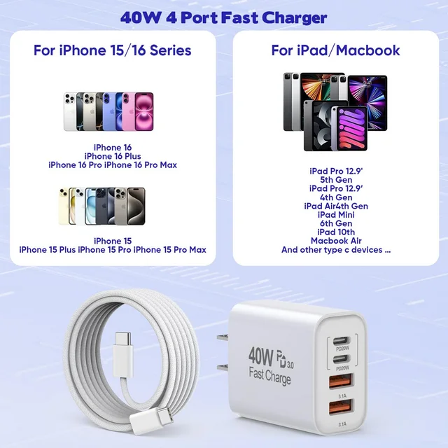 Compatible with iPhone 16 15 Charger,2Pack 10FT USB C to C Woven Cable Cord 40W USB C iPhone Charger 4 Port PD&AC Charger Block Fast Charging for iPhone 16/16 Pro/16 Pro Max/16 Plus/15/iPad