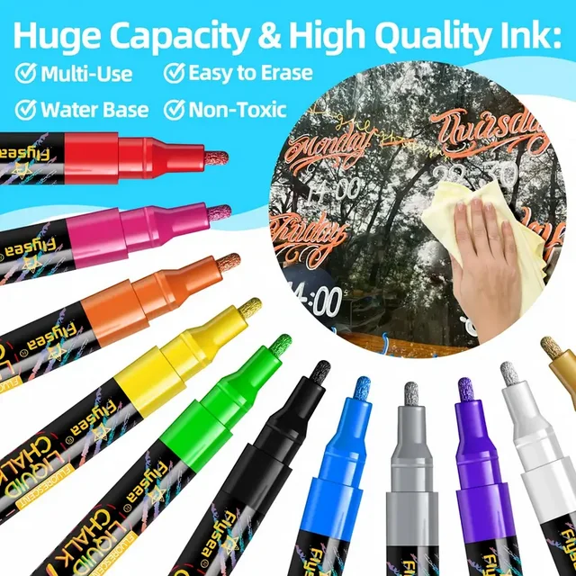 Liquid Chalk Markers for Blackboard & Glass, 12 Pack Dry Erase Marker Pens,Window Marker, Liquid Chalk Pens for Acrylic Dry Erase Board, Mirror, Car, Glass,Signs,Thin Chalkboard,1mm Point