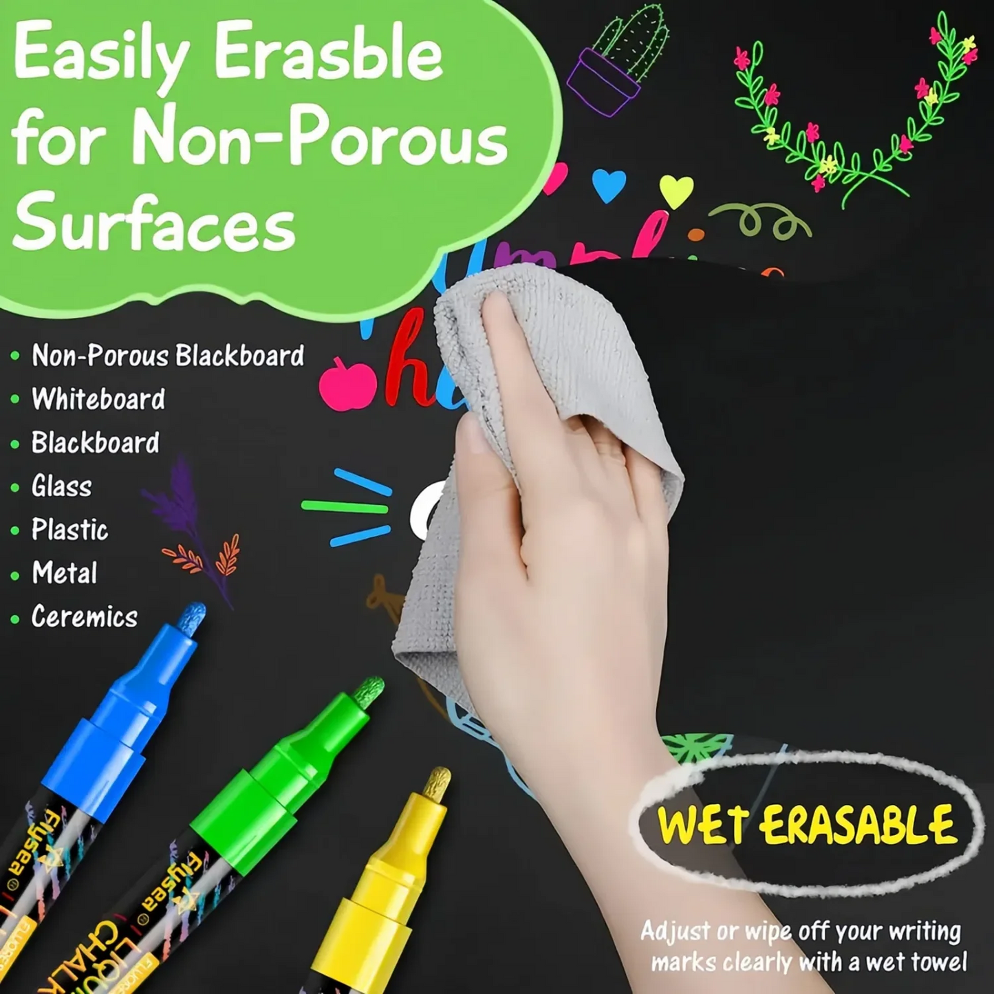 Liquid Chalk Markers for Blackboard & Glass, 12 Pack Dry Erase Marker Pens,Window Marker, Liquid Chalk Pens for Acrylic Dry Erase Board, Mirror, Car, Glass,Signs,Thin Chalkboard,1mm Point