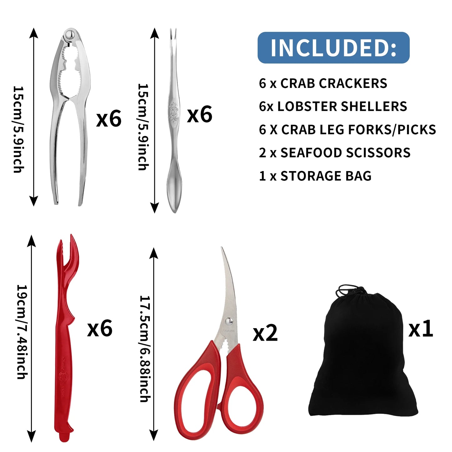 Crab Crackers and Tools Set,21-piece Seafood Tools Set includes 6 Crab Crackers,6 Lobster Shellers,6 Crab Leg Forks/Picks and 2 Seafood Scissors&Storage Bag-Nut Cracker Set