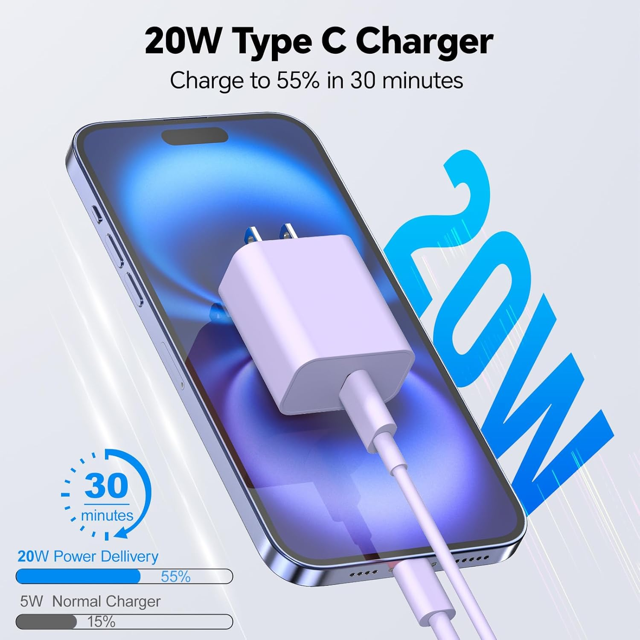 Charger for iPhone 16 15 Charger Fast Charging iPhone 16 Pro Max Charger 6FT 2-Pack iPad Pro Charger for iPhone 16/iPhone 16 Pro/iPhone 16 Pro Max,iPad Pro,iPad Mini/Air4/Samsung/Android,Purple