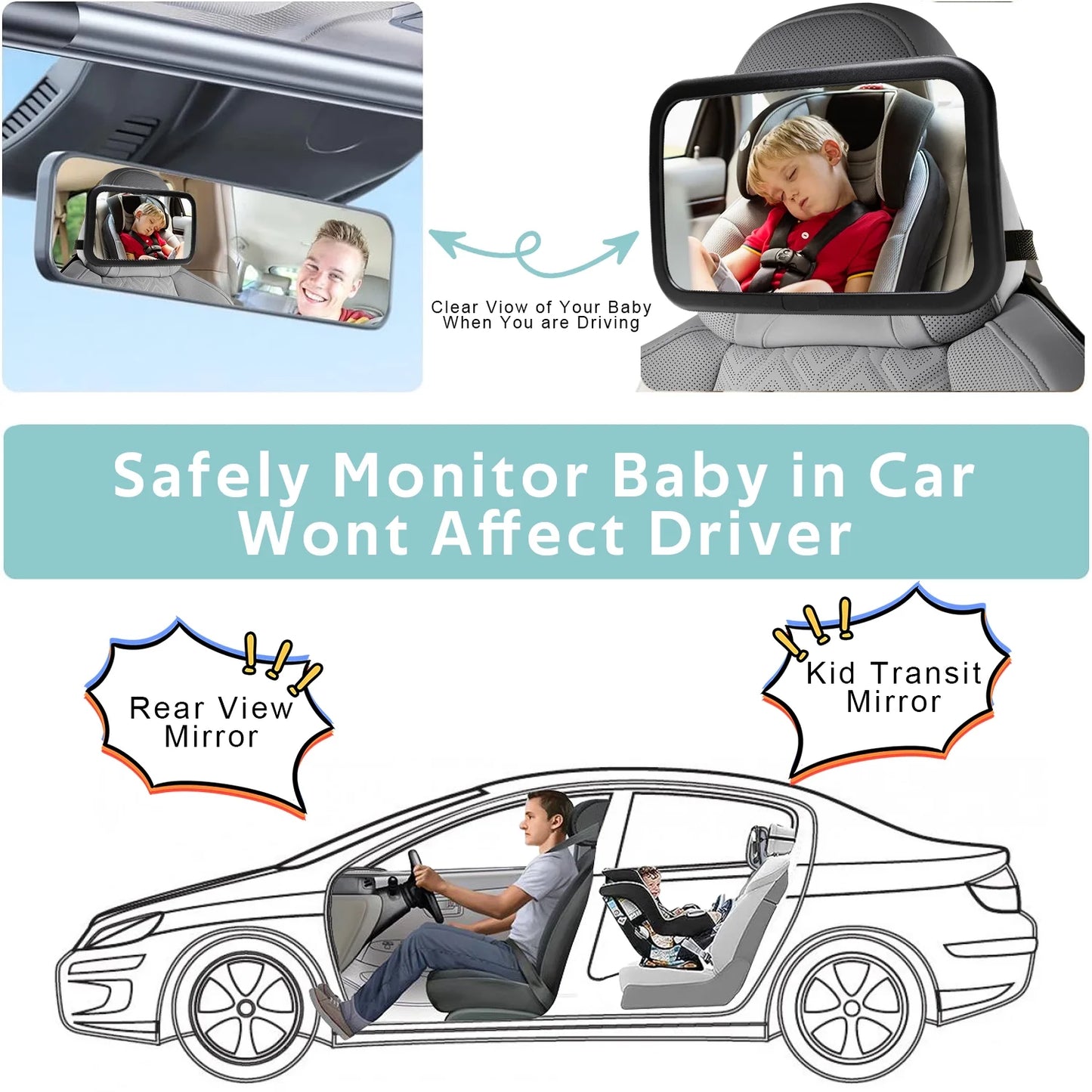 Baby Car Mirror for Baby,Seat Safely Monitor Infant Child in Rear Facing Seat, Wide View Shatterproof Adjustable Acrylic 360° for Backseat, Crash Tested and Certified for Safety