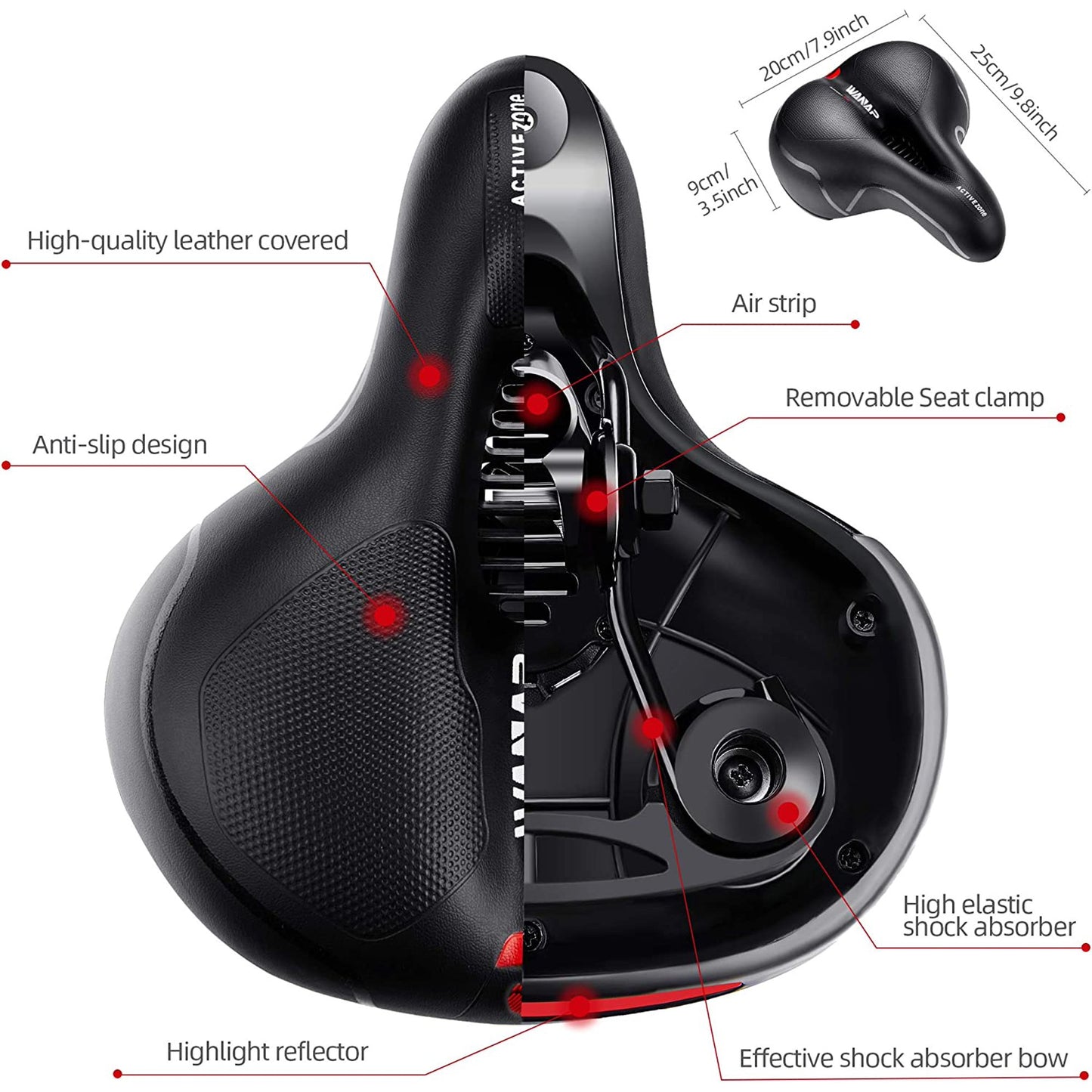 Bike Seat Cushion, Comfort Bike Saddle Mountain Bicycle Accessories for Men Women,Soft Wide bicycle seat Cushion Dual Shock Absorbing with Reflective for Exercise,Mountain Bikes