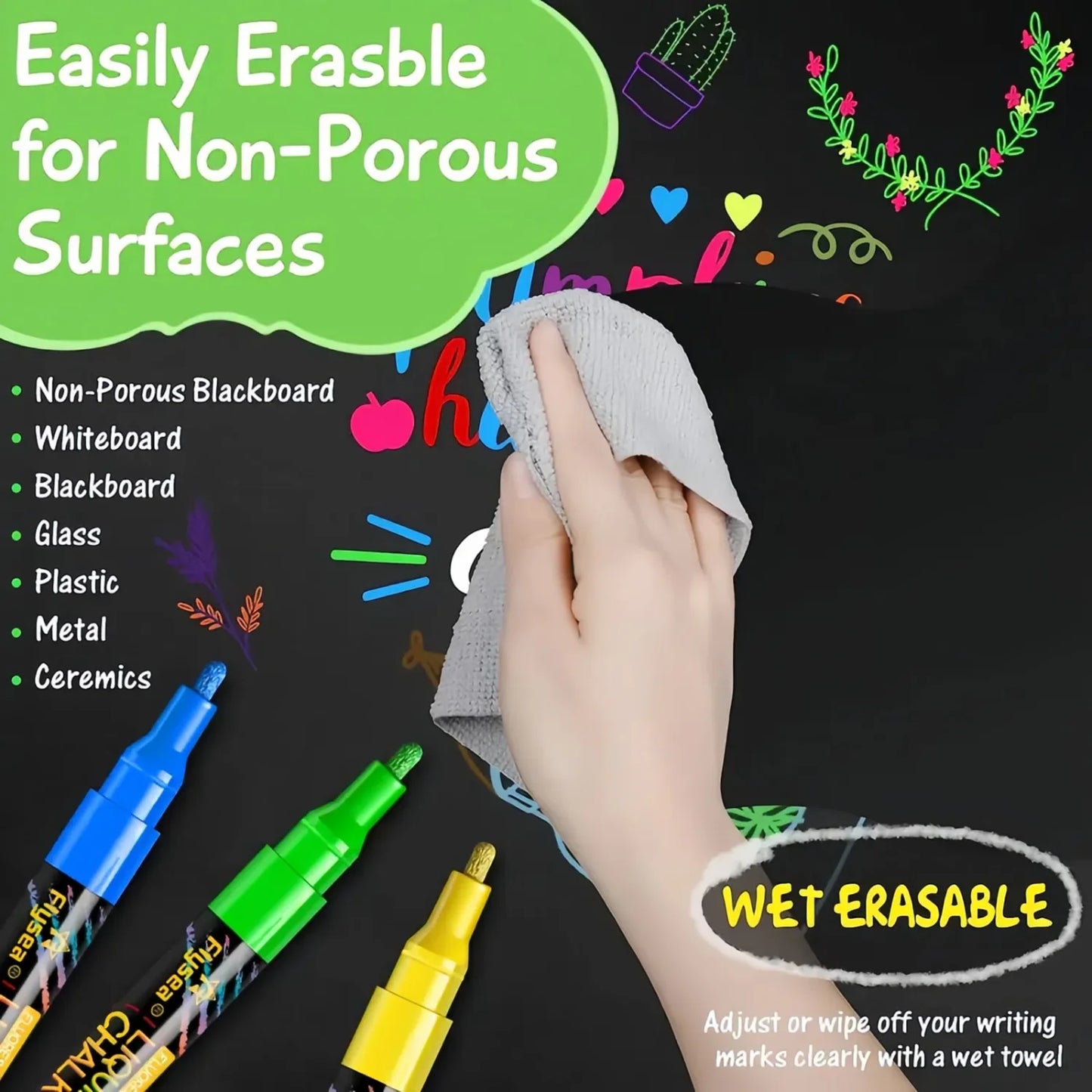 Liquid Chalk Markers for Blackboard & Glass, 8 Pack Dry Erase Marker Pens,Window Marker, Liquid Chalk Pens for Acrylic Dry Erase Board, Mirror, Car, Glass,Signs,Thin Chalkboard,1mm Point