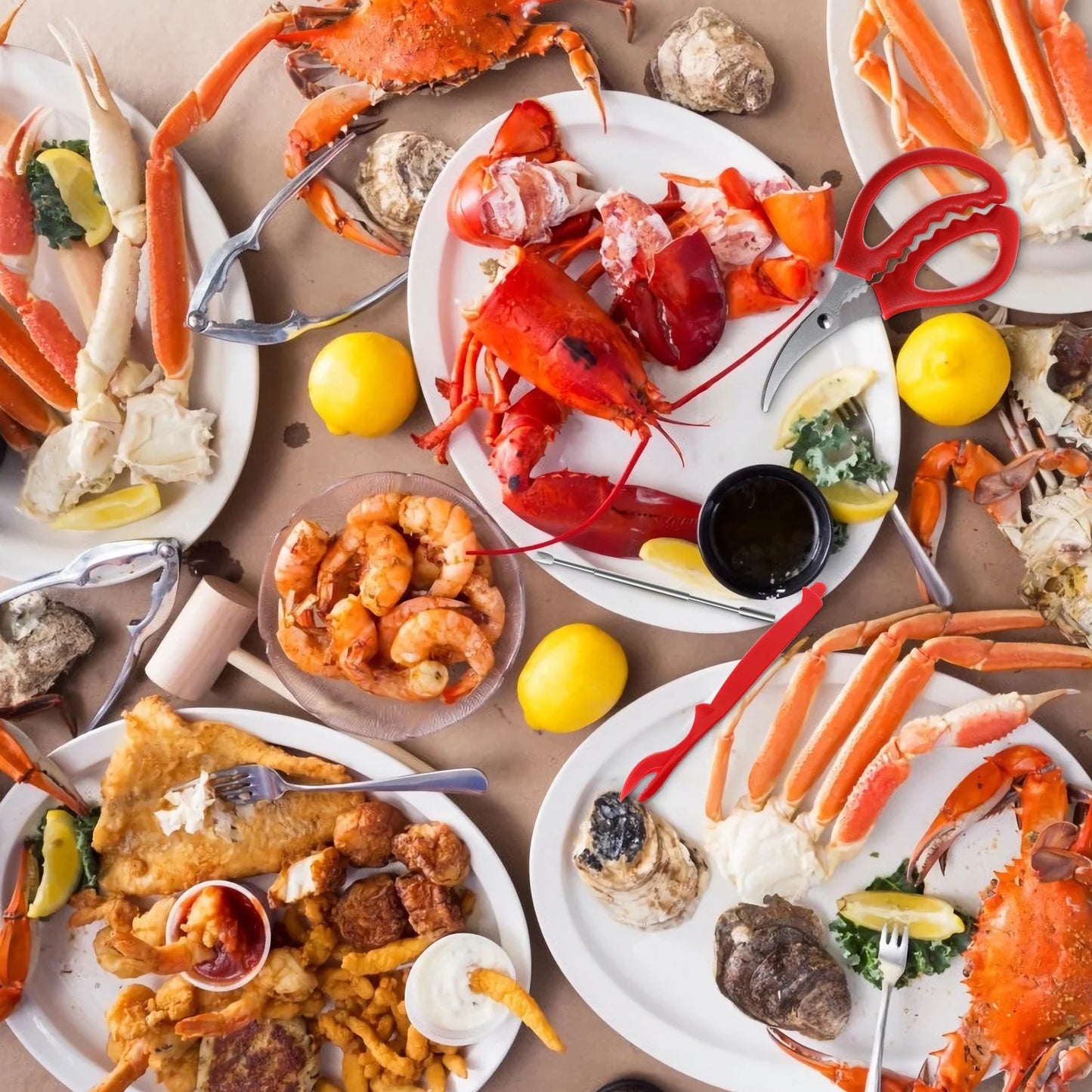 Crab Crackers and Tools Set,21-piece Seafood Tools Set includes 6 Crab Crackers,6 Lobster Shellers,6 Crab Leg Forks/Picks and 2 Seafood Scissors&Storage Bag-Nut Cracker Set