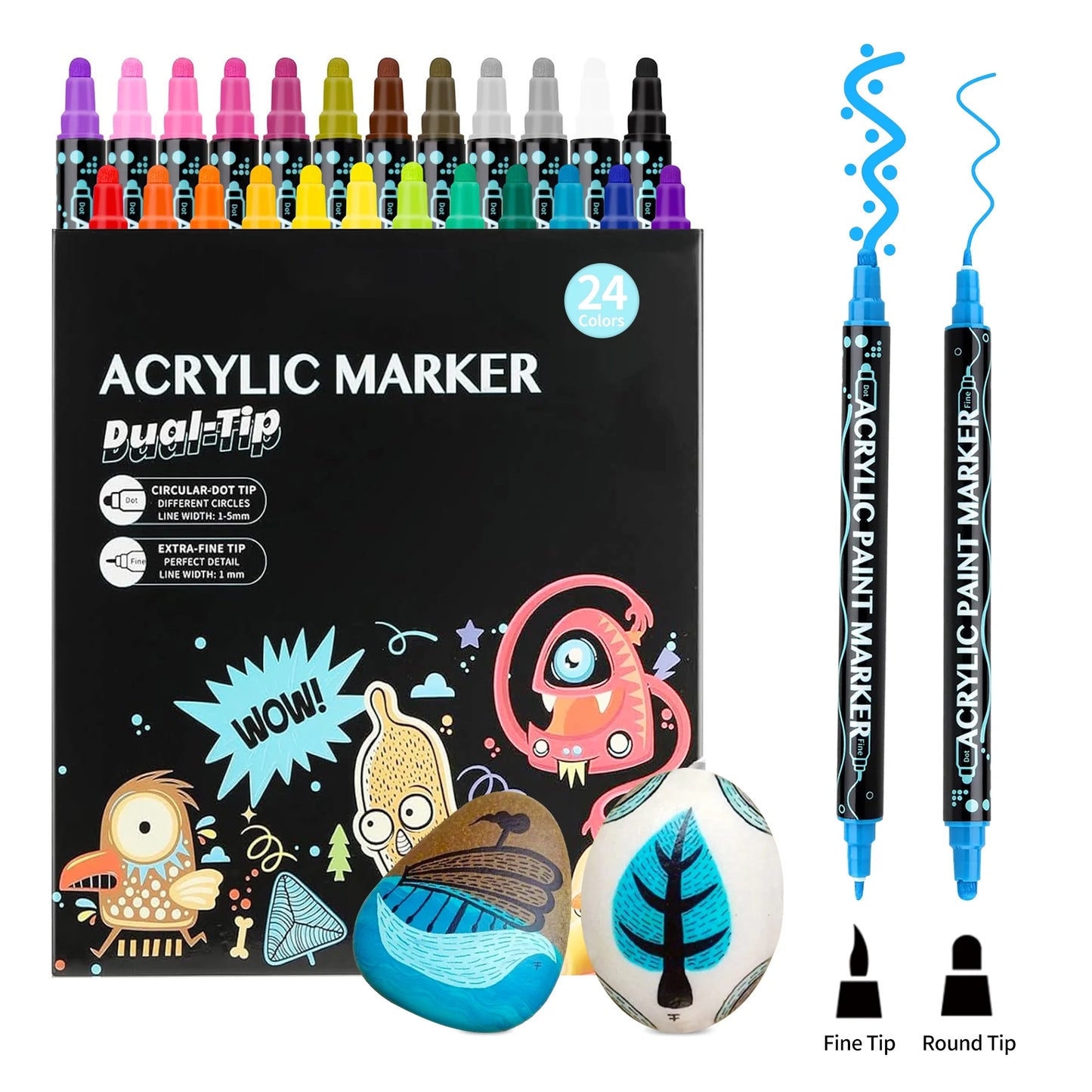 Acrylic Paint Markers, 24 Colors Dual Tip Acrylic Paint Pens for Wood, Canvas, Stone, Rock Painting, Glass, Ceramic Surfaces, DIY Crafts Making, 24 Dual Tip Acrylic Markers