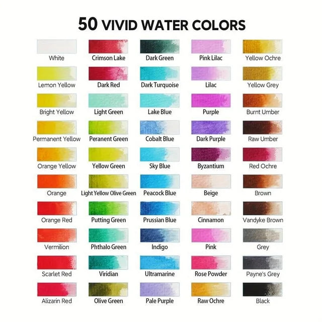 Watercolor Paint Set,50 Colors in Portable Box,Water Colors Paint Adult Set with Watercolor Brushes,Water Color Set for Beginners & Professionals, Perfect Travel Watercolor Set for Artists