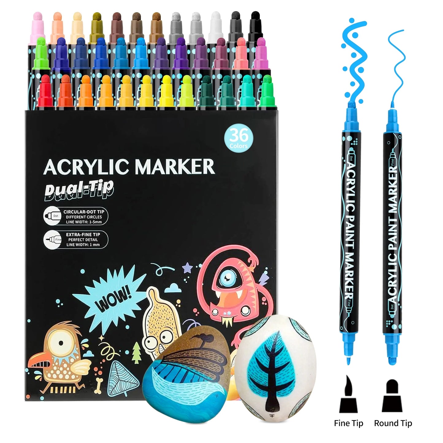 Acrylic Paint Markers, 12 Colors Dual Tip Acrylic Paint Pens for Wood, Canvas, Stone, Rock Painting, Glass, Ceramic Surfaces, DIY Crafts Making, 12 Dual Tip Acrylic Markers